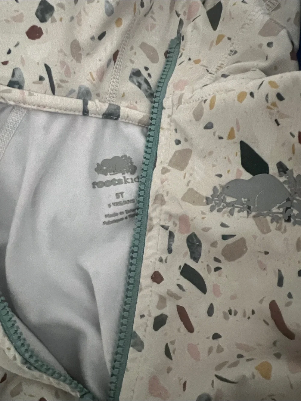 Roots Kids Cream Terrazzo Hooded Jacket with Teal Zip